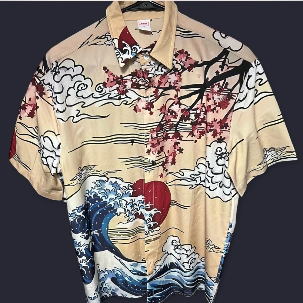Cream and Blue Casual Button Down Shirt with Japanese-Inspired Design